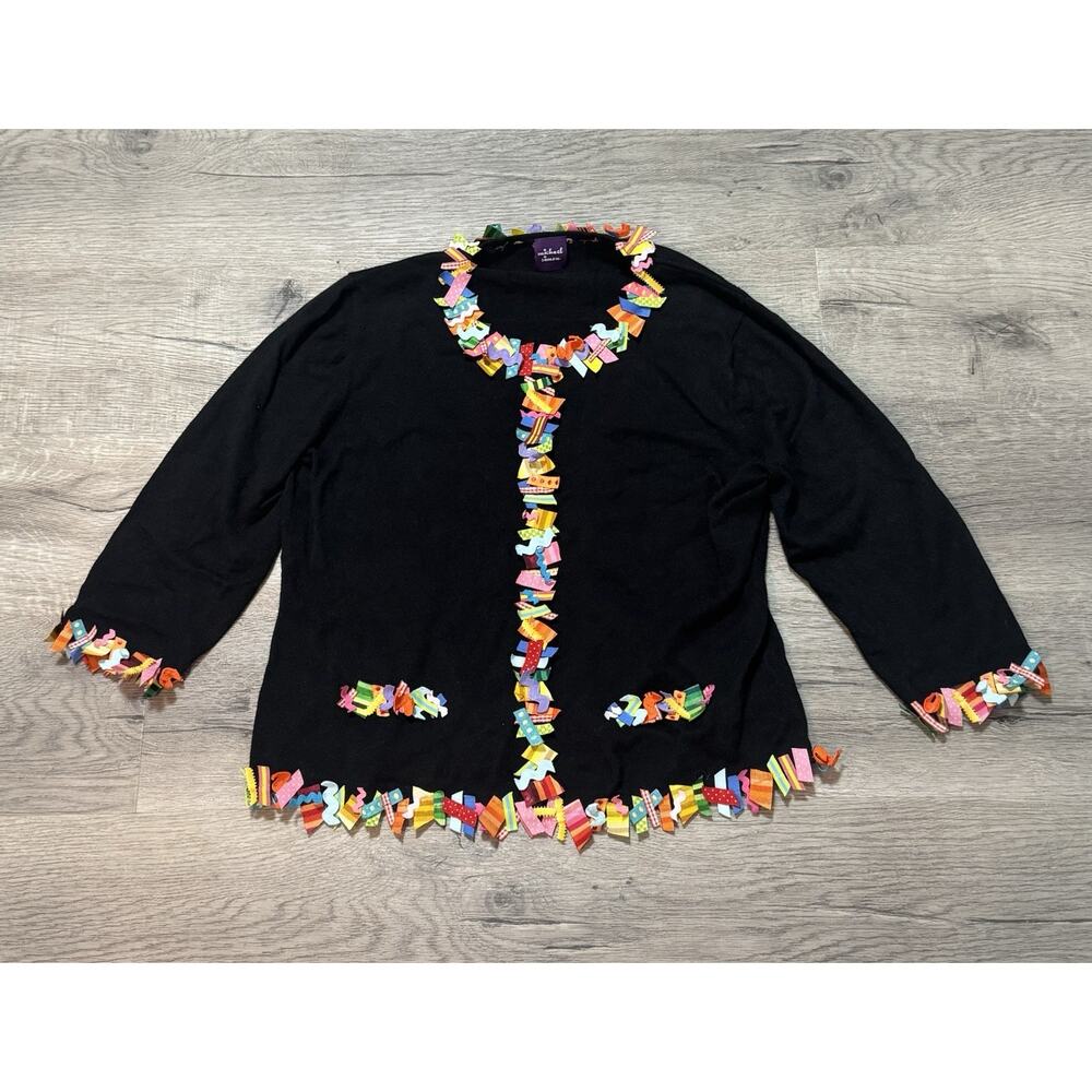 VTG Michael Simon New York Ribbon Cardigan Sweater Womens M Black Pop Art Y2K